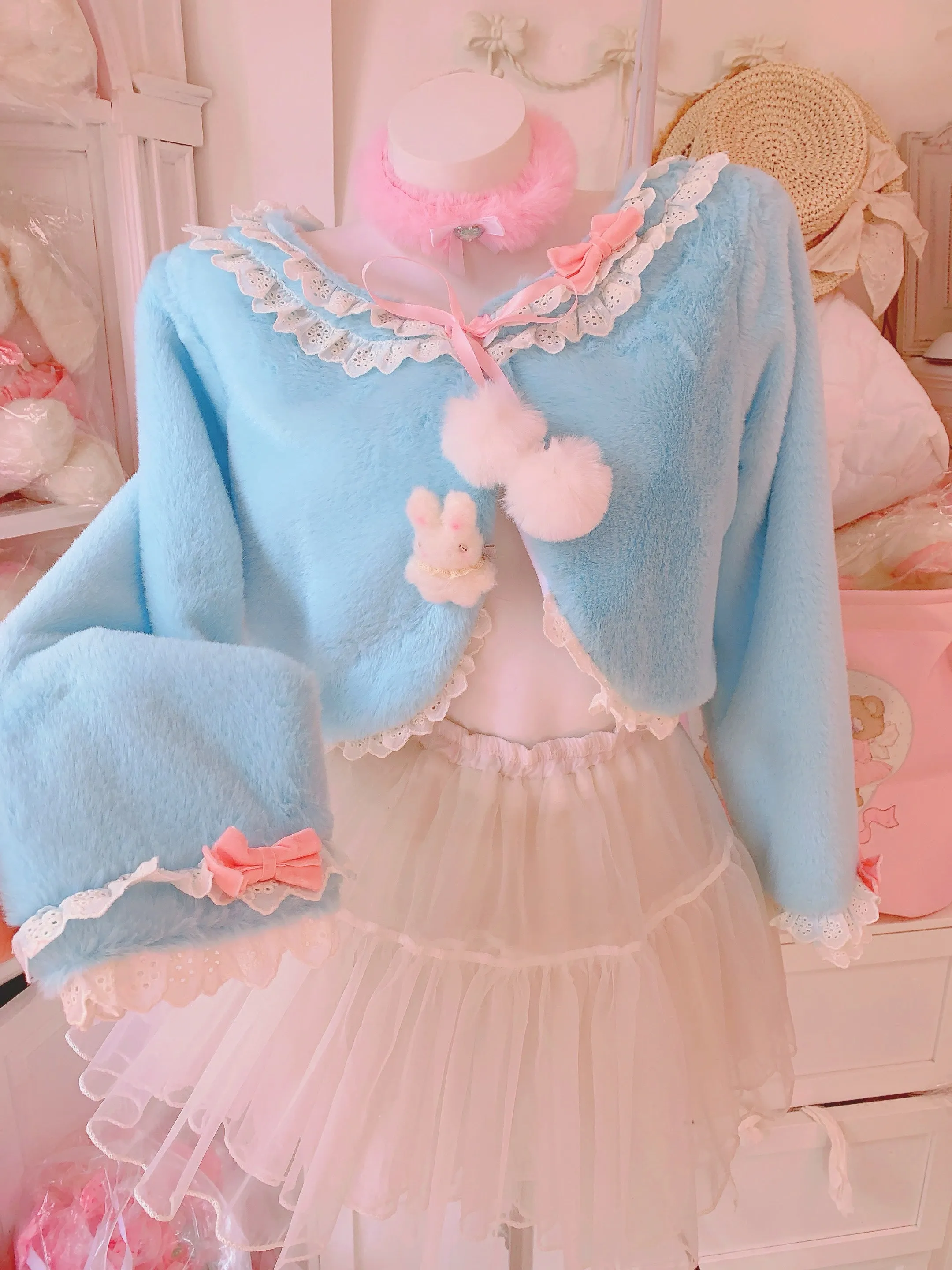 Candy Fairy Pink Blue Lace Sailor Collar Bow Plush Fur Jacket