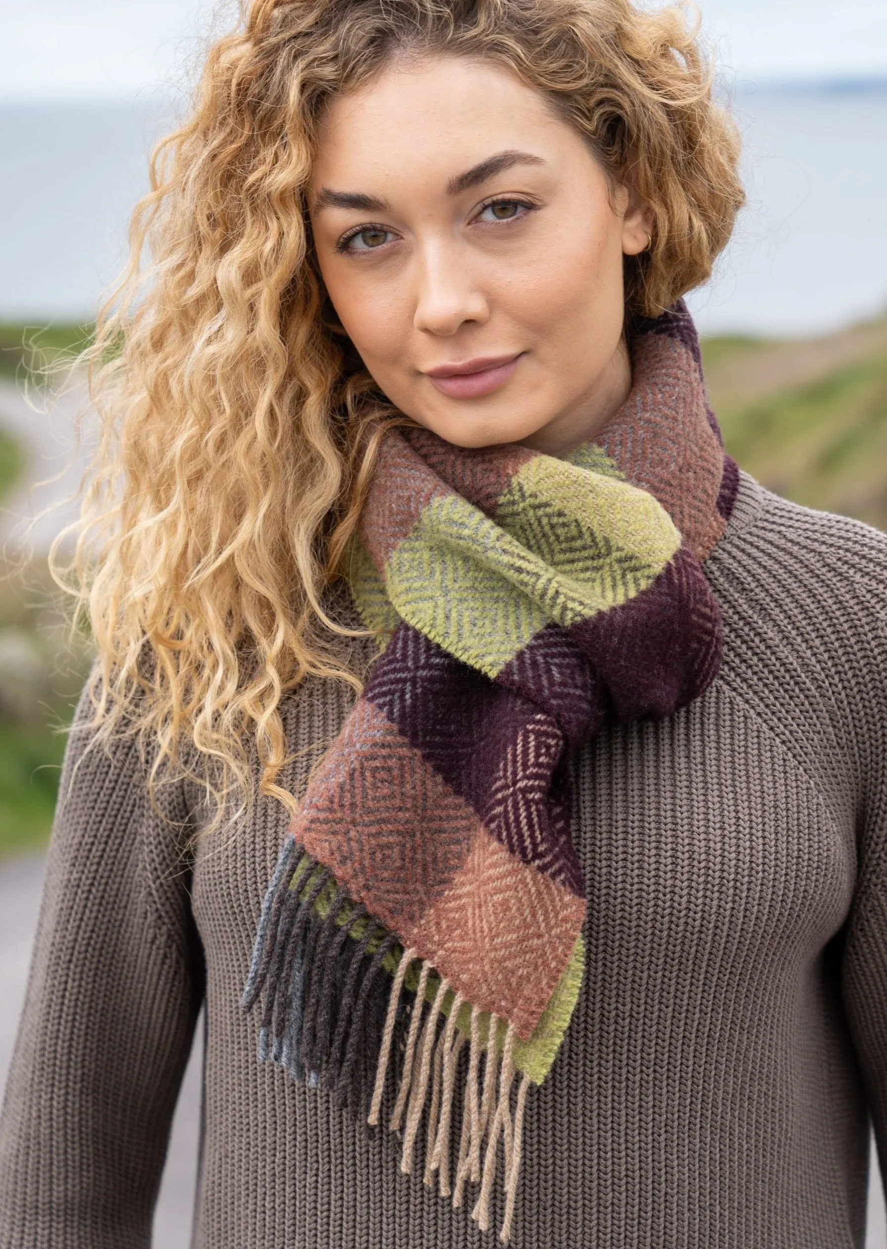 Cashmere Merino Scarf | Green Brown Block