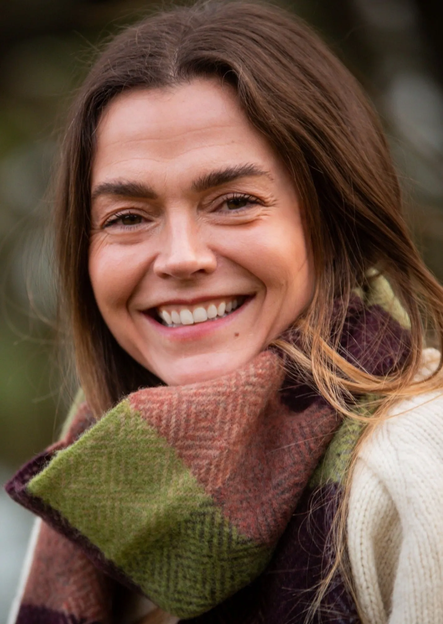 Cashmere Merino Scarf | Green Brown Block