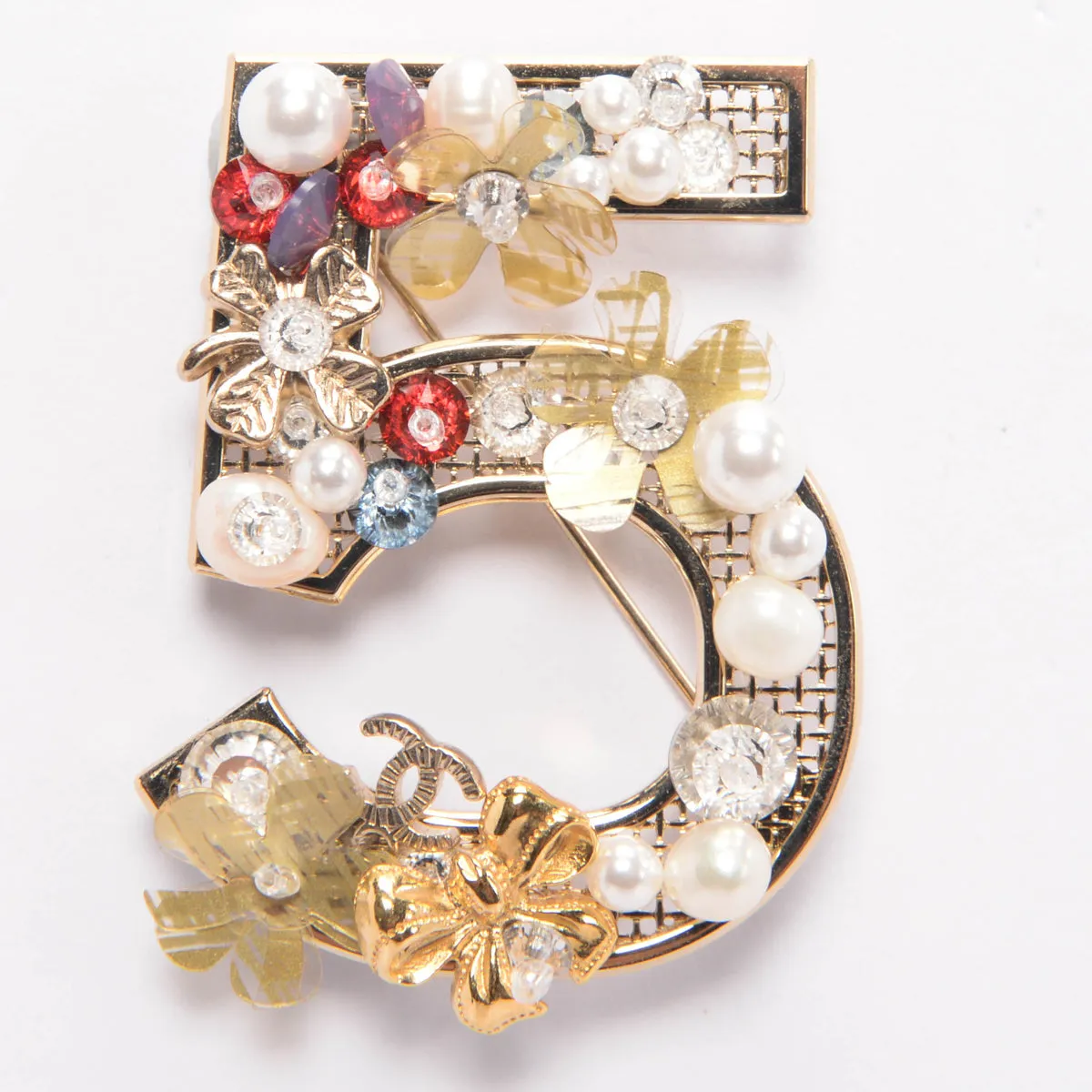 Chanel Light Gold Pearl & Flower Embellished No. 5 Brooch