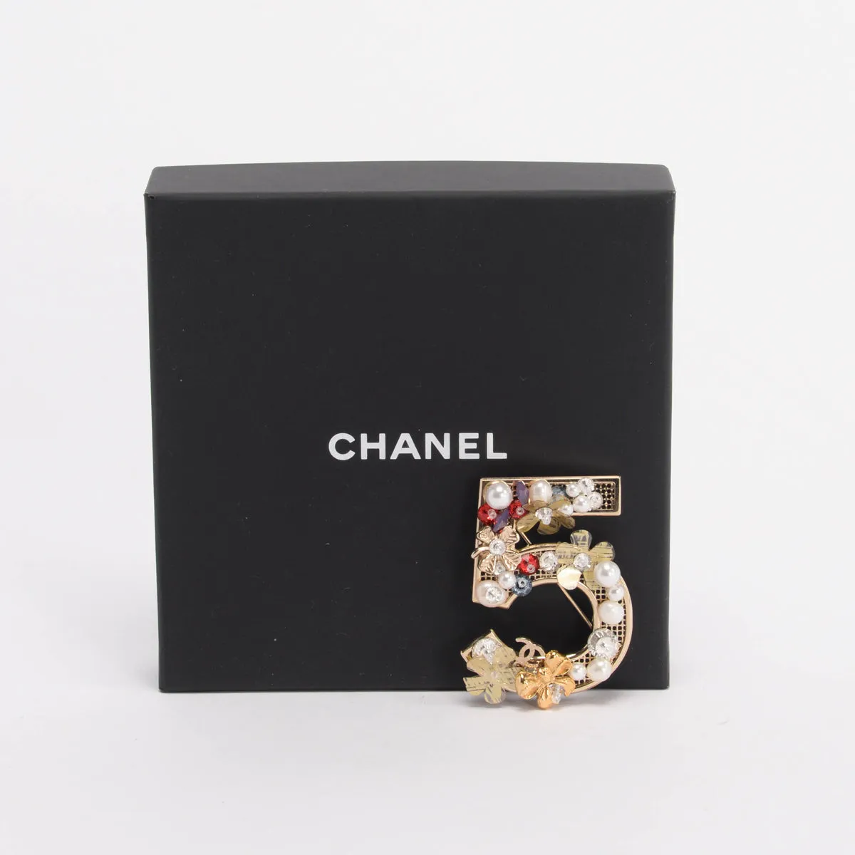 Chanel Light Gold Pearl & Flower Embellished No. 5 Brooch