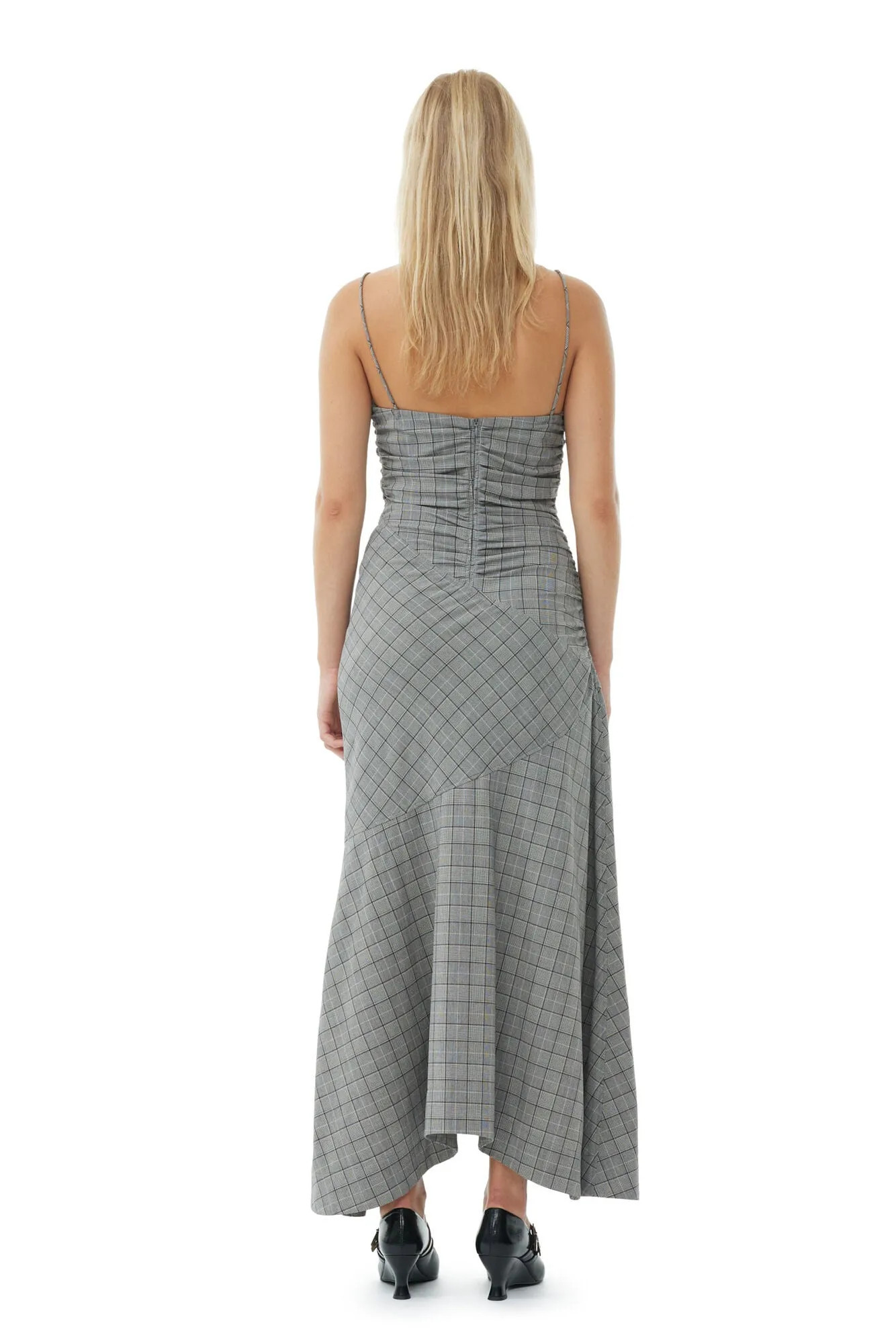 Checkered Ruched Long Slip Dress - Frost Gray