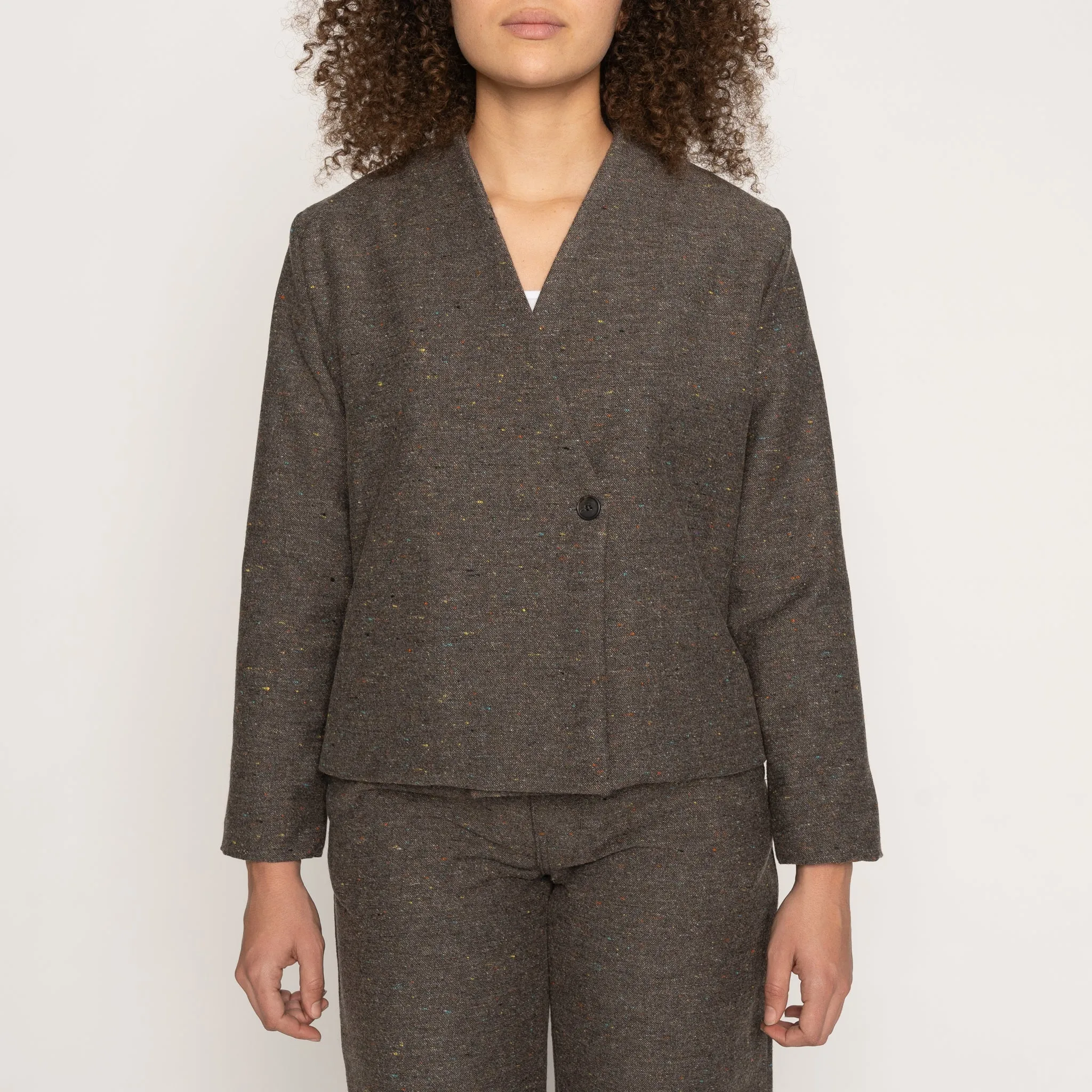 Collarless Jacket - Wool Blend Multi Nep - Brown