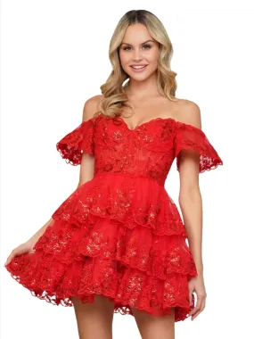 Colors 3347 Short Ruffle Sequin lace Dress Homecoming Formal Puff Sleeve Formal Gown