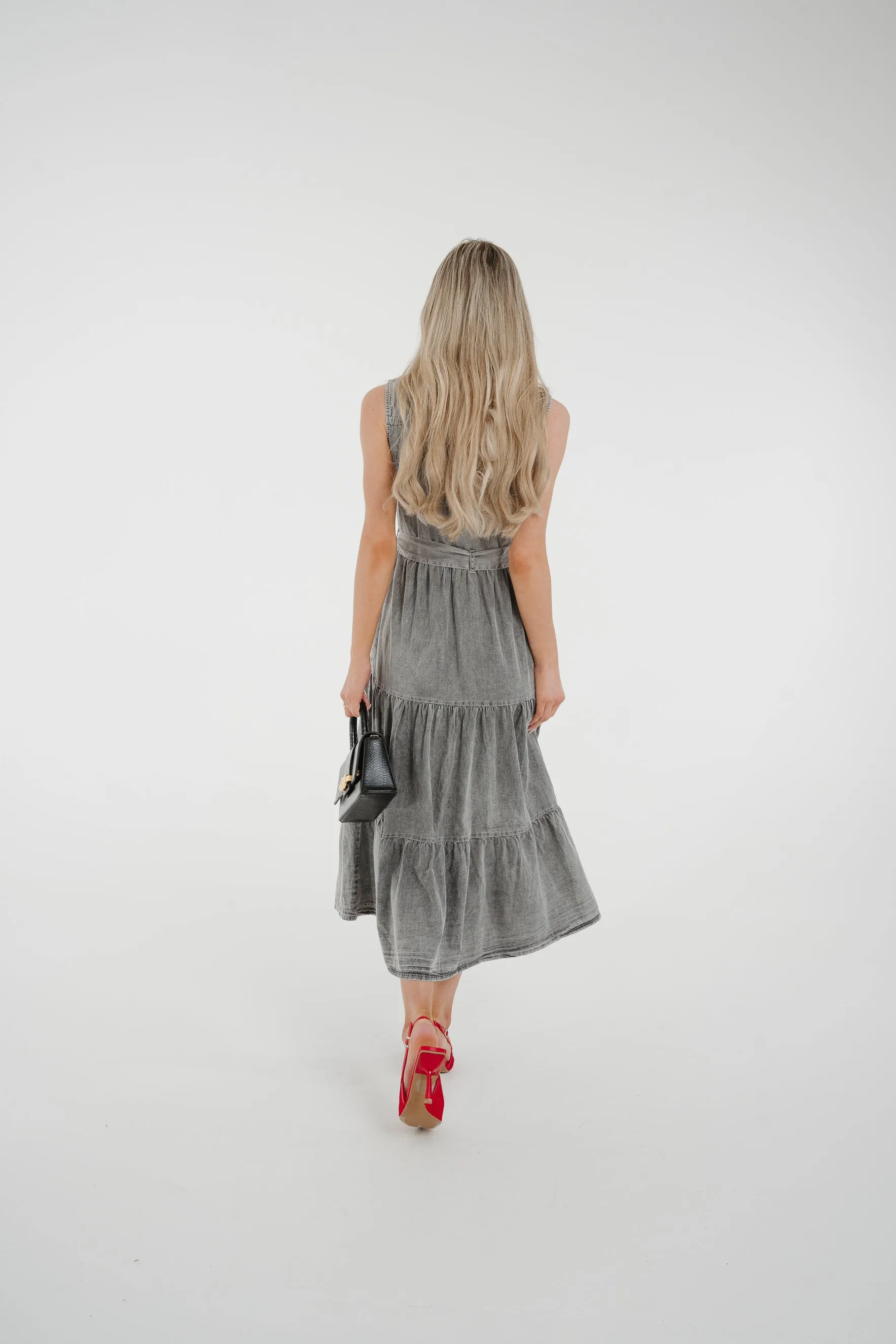 Cora Tiered Denim Dress In Grey Wash