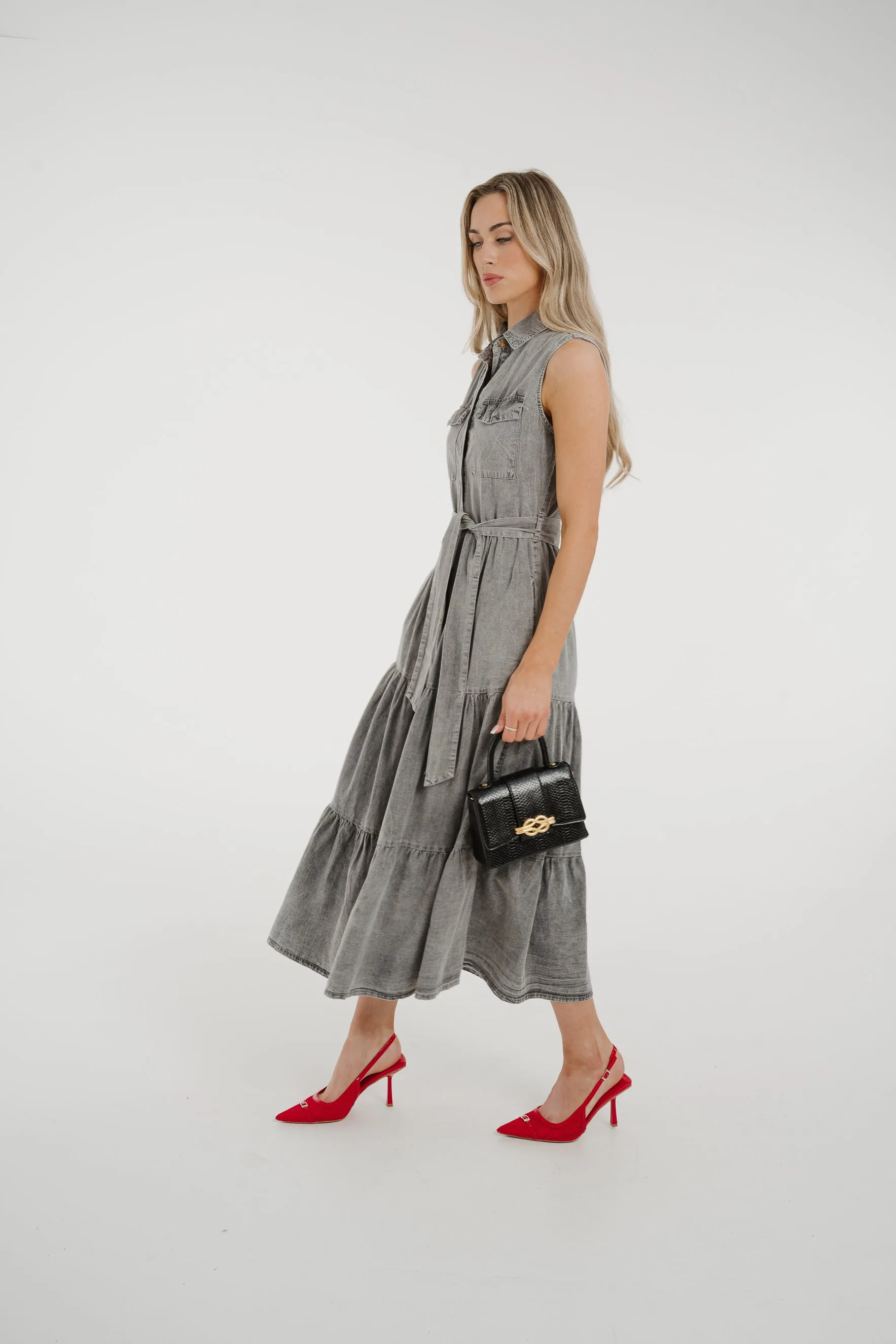 Cora Tiered Denim Dress In Grey Wash