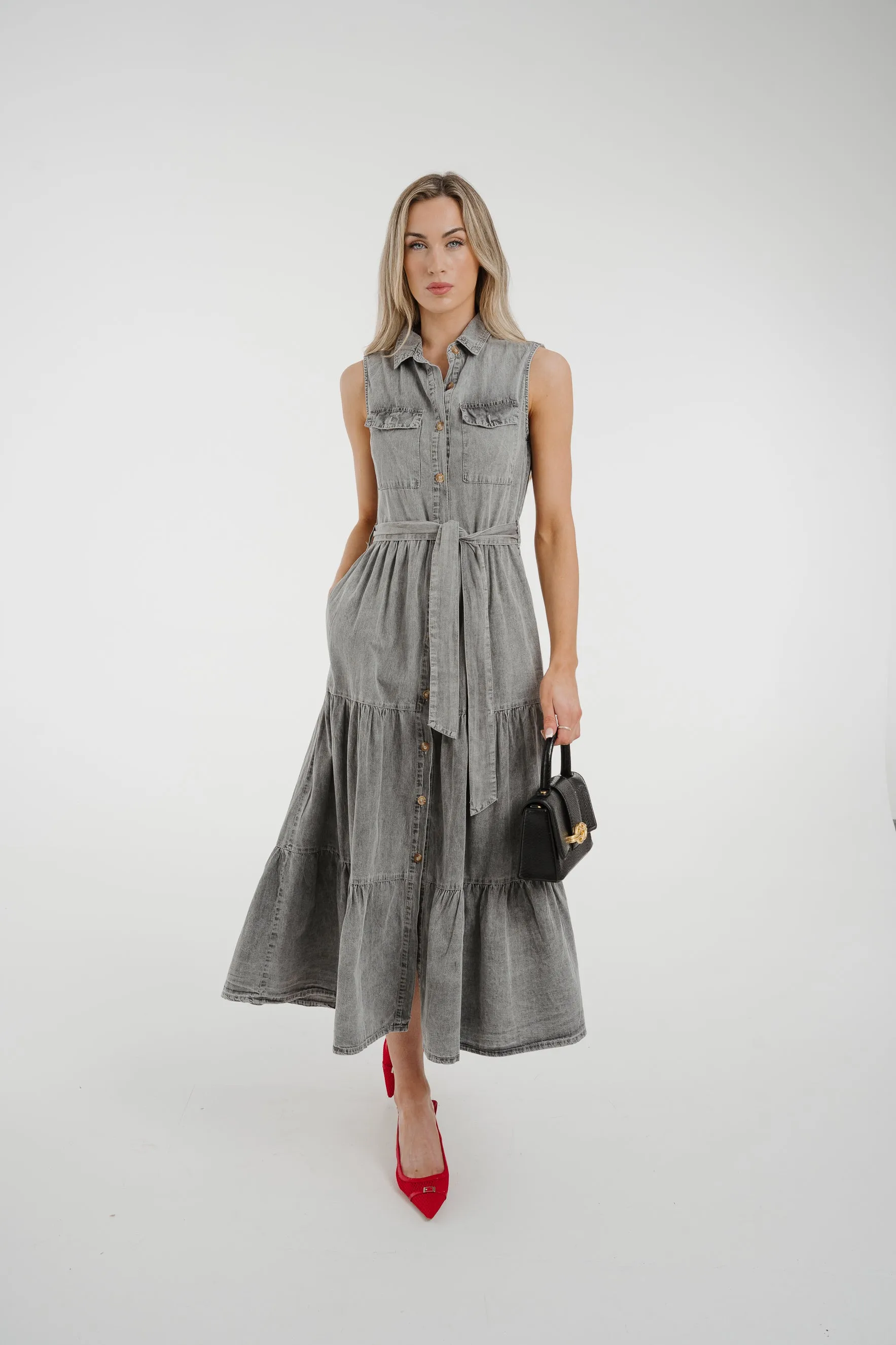 Cora Tiered Denim Dress In Grey Wash