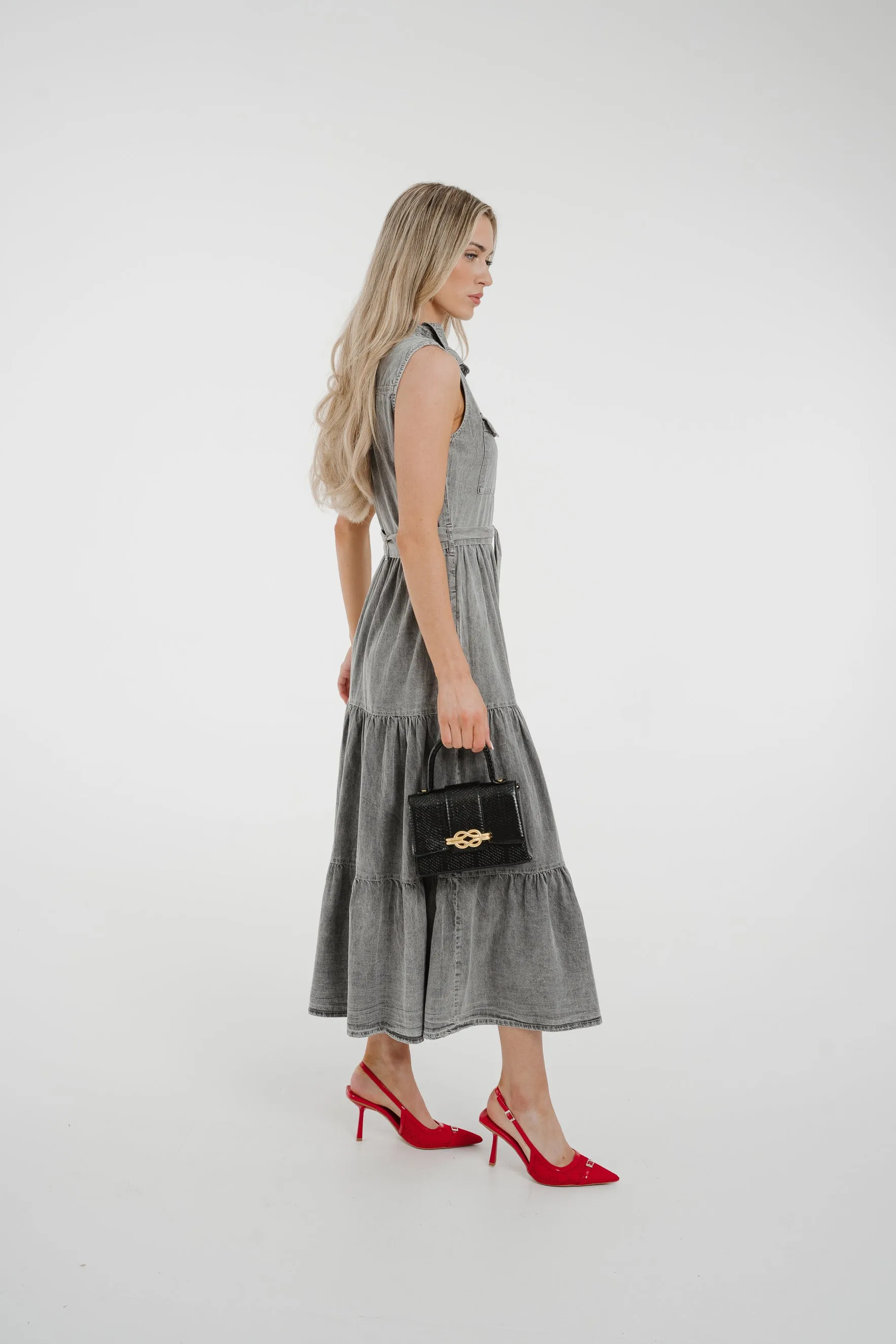 Cora Tiered Denim Dress In Grey Wash