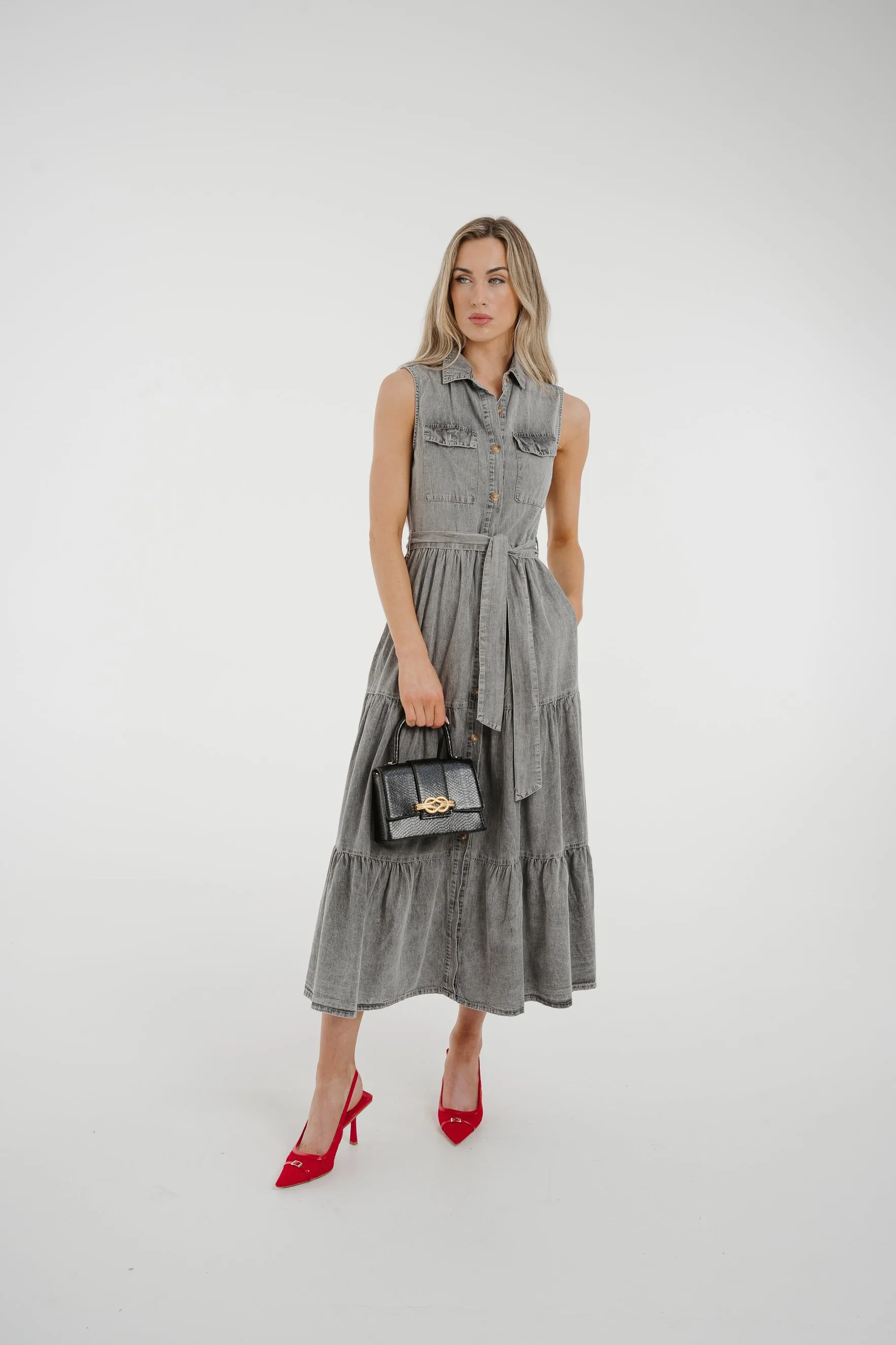 Cora Tiered Denim Dress In Grey Wash