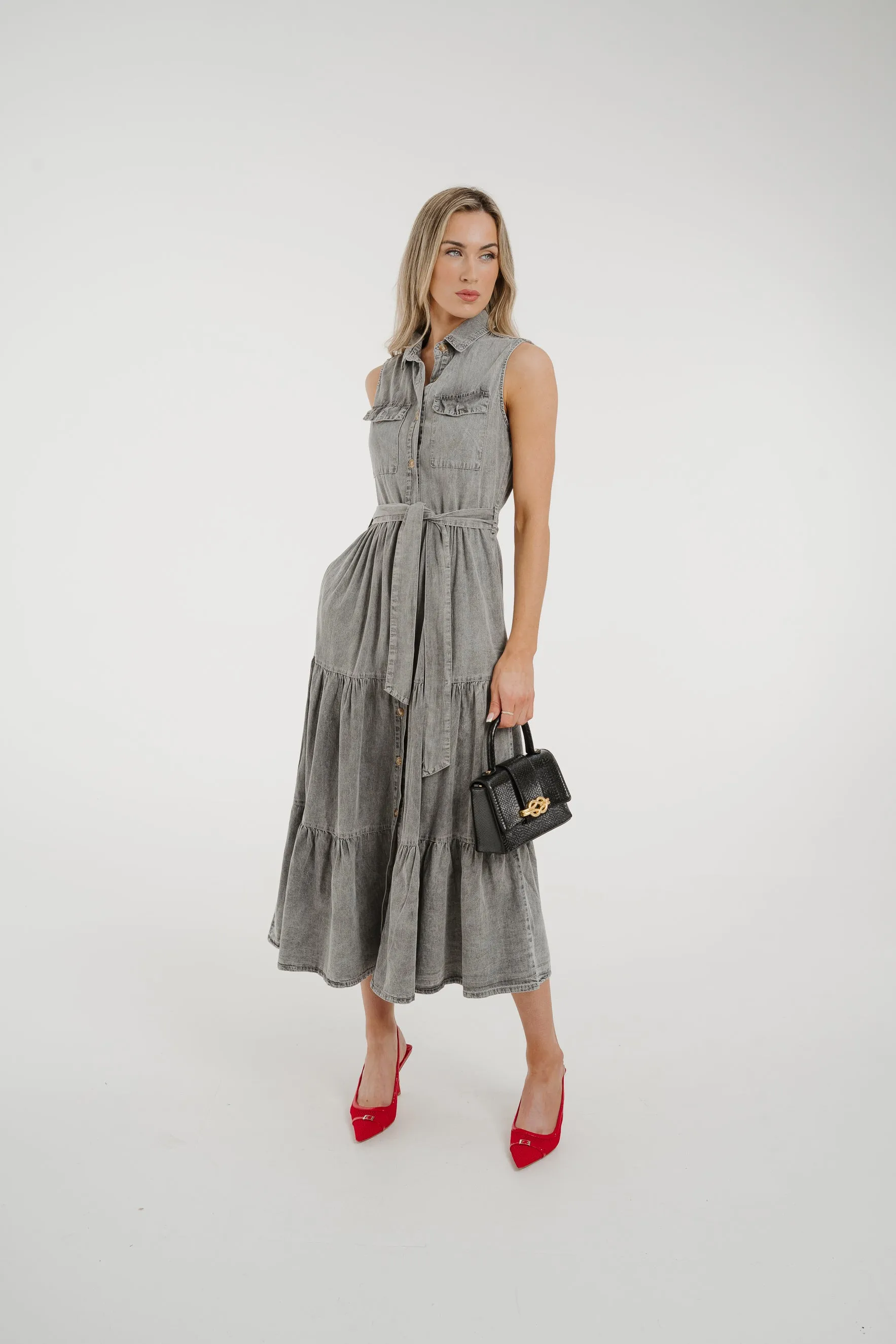 Cora Tiered Denim Dress In Grey Wash