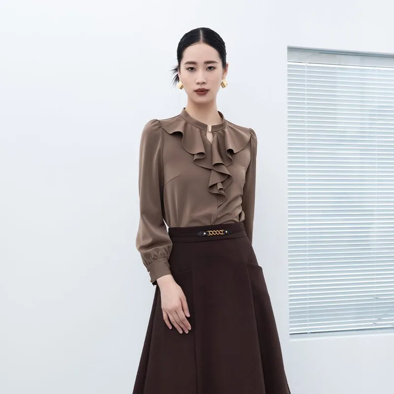 Dark Brown Ruffles Collar Blouses