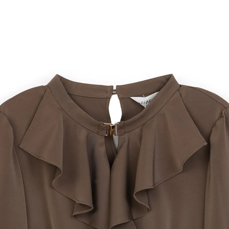 Dark Brown Ruffles Collar Blouses