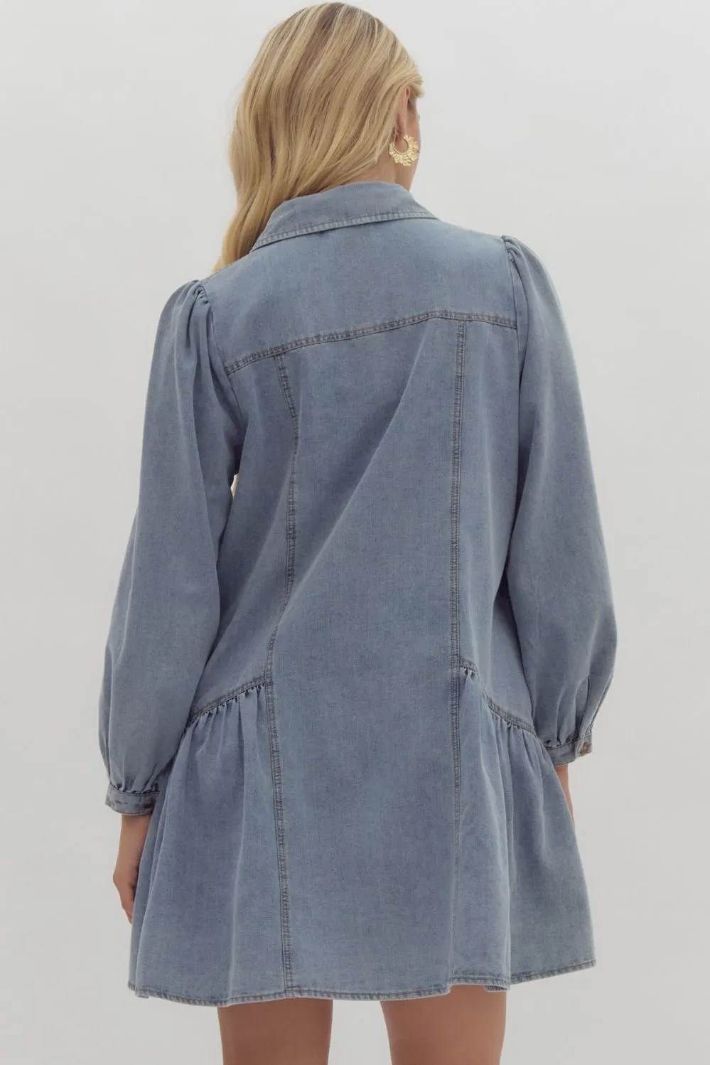 Denim Long Sleeve Mini Ruffled Dress