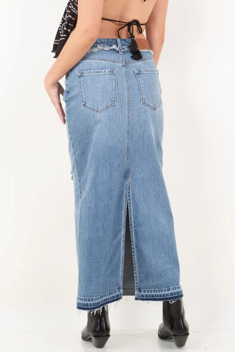 Denim Maxi Skirt Frayed Waistband w/ Slit Detail