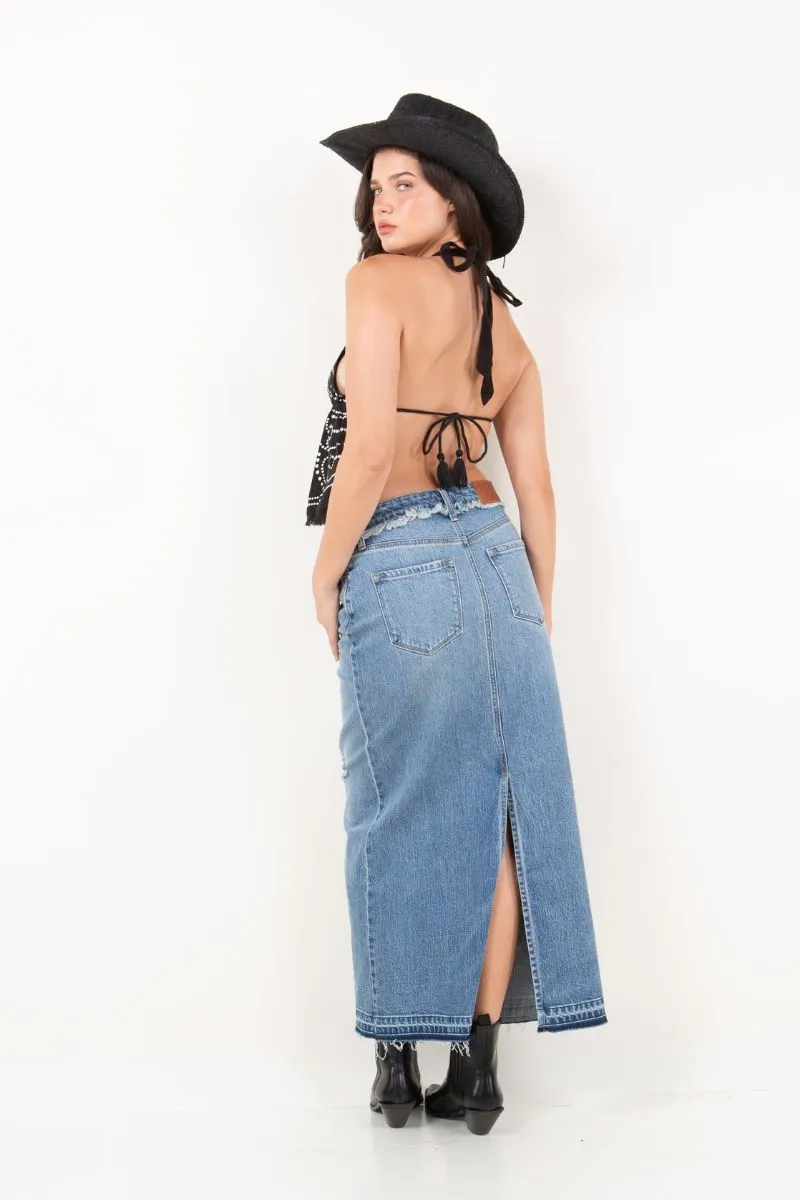 Denim Maxi Skirt Frayed Waistband w/ Slit Detail