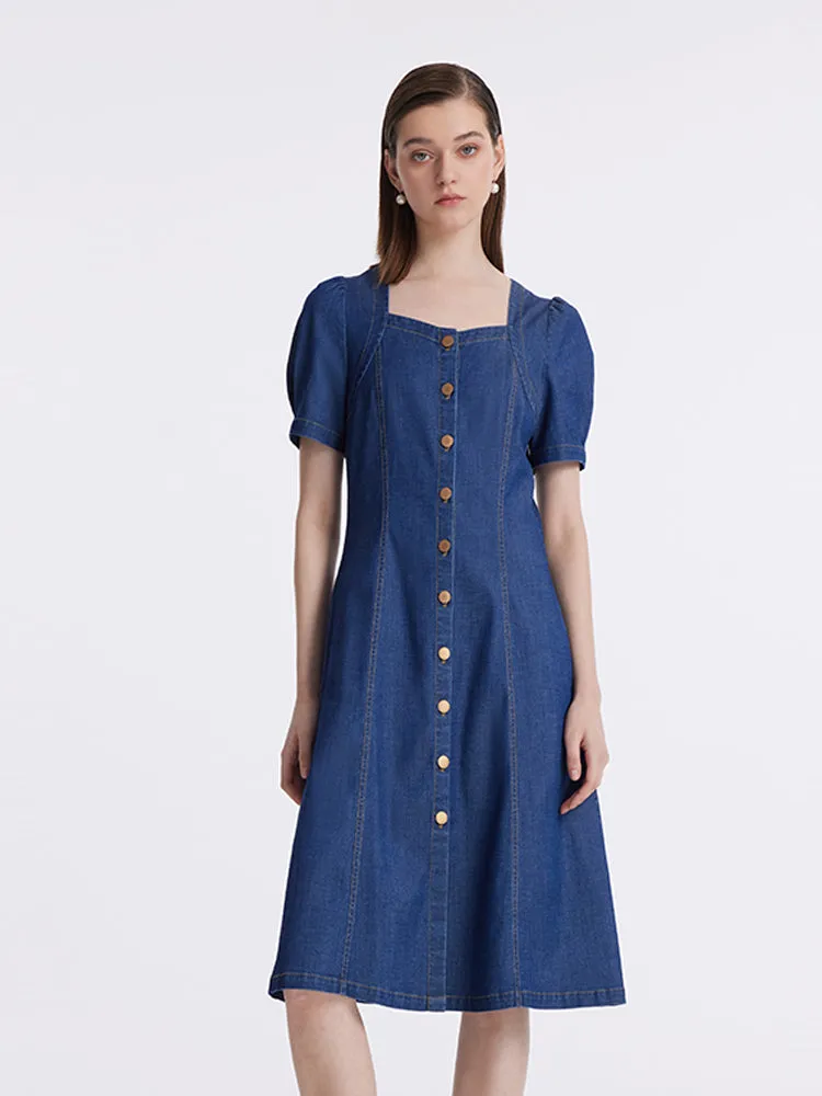 Denim Puff Sleeves Single-Breasted Women Midi Dress