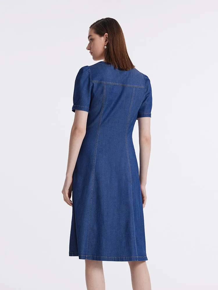 Denim Puff Sleeves Single-Breasted Women Midi Dress