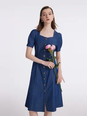 Denim Puff Sleeves Single-Breasted Women Midi Dress