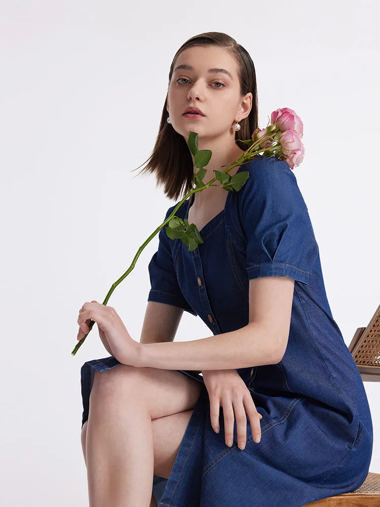 Denim Puff Sleeves Single-Breasted Women Midi Dress