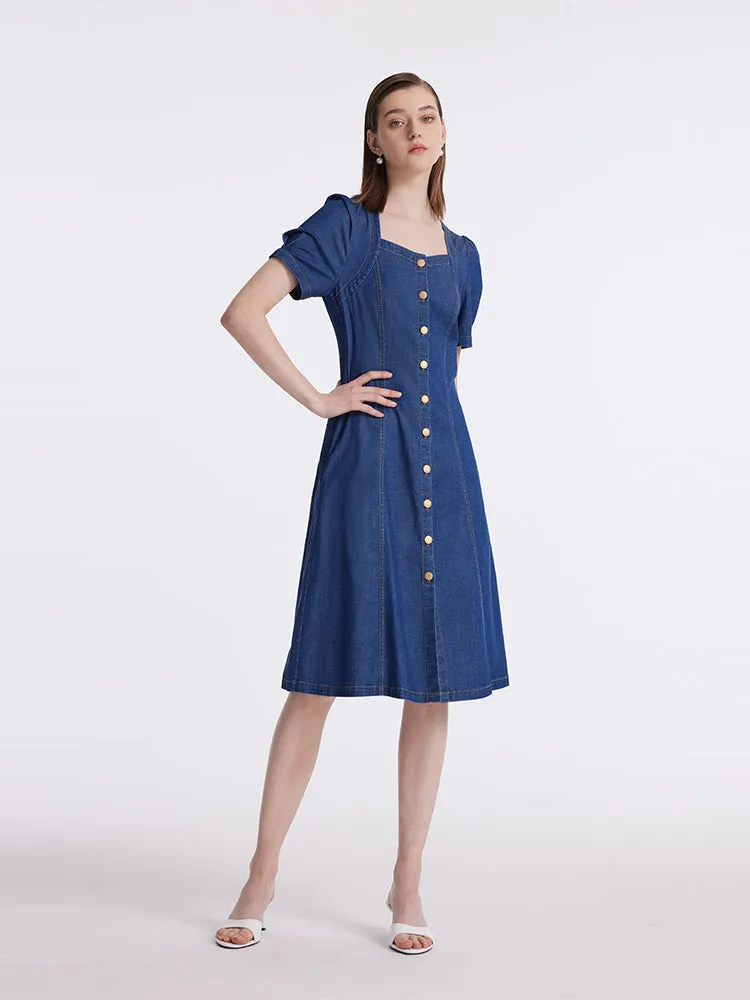 Denim Puff Sleeves Single-Breasted Women Midi Dress