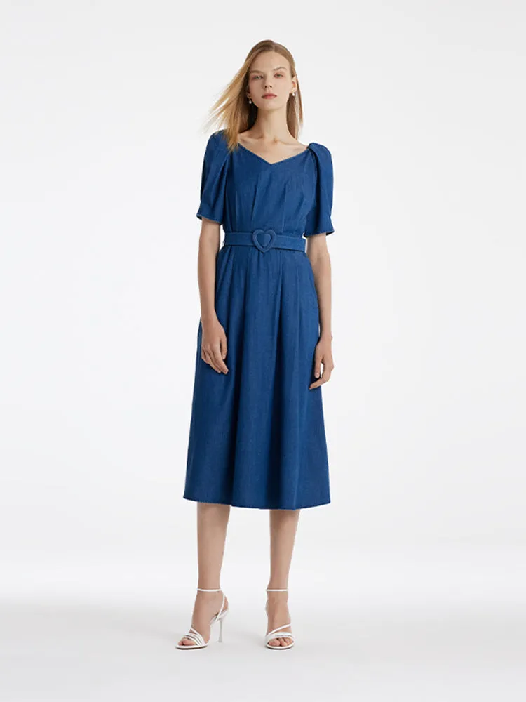 Denim Women Midi Dress With Heart-Shaped Buckle Belt