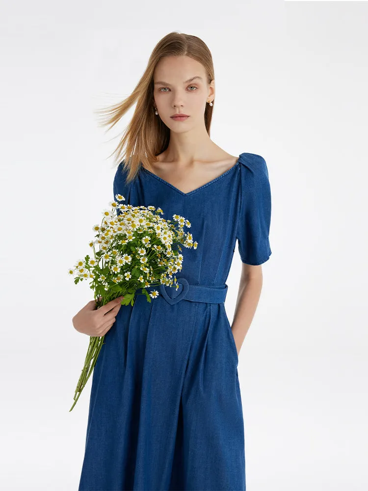 Denim Women Midi Dress With Heart-Shaped Buckle Belt