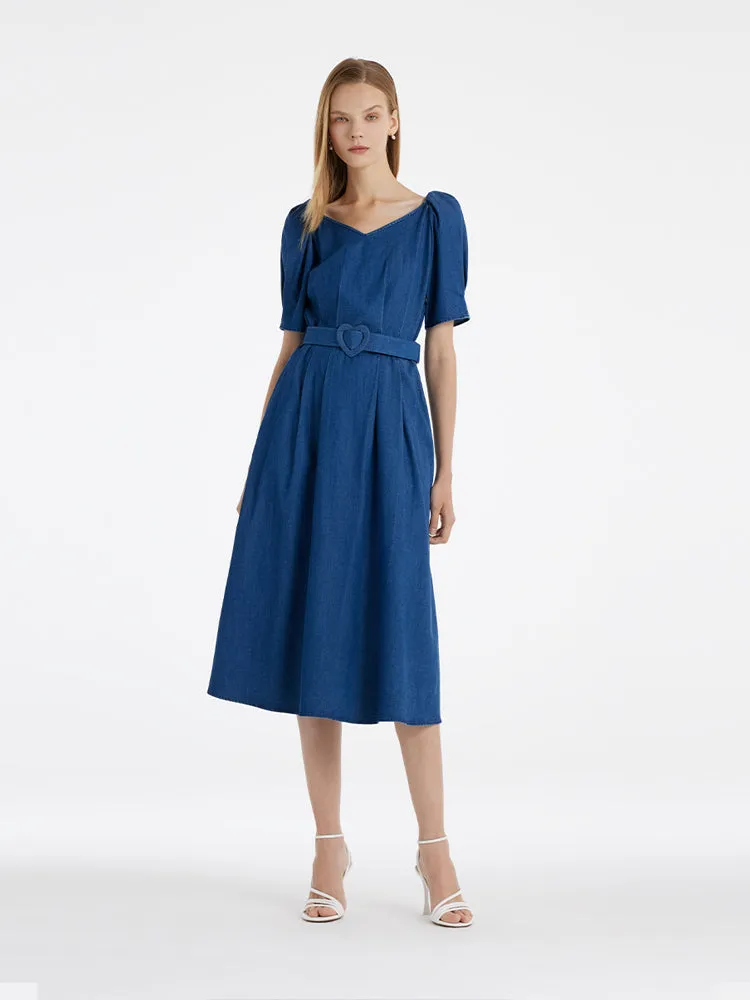 Denim Women Midi Dress With Heart-Shaped Buckle Belt