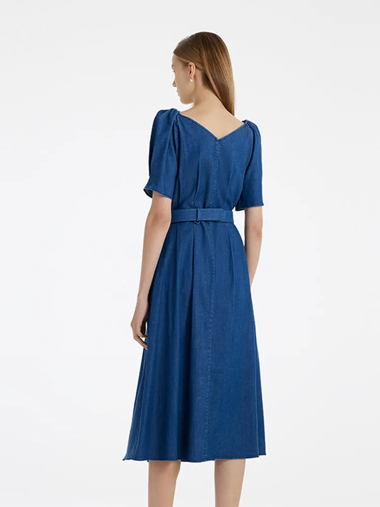 Denim Women Midi Dress With Heart-Shaped Buckle Belt