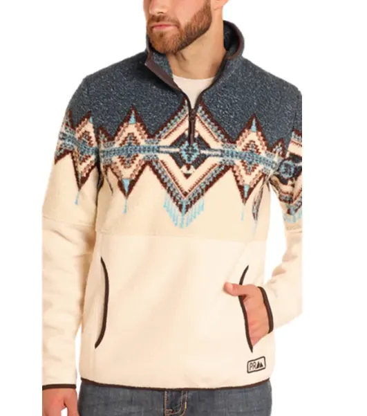 DM91C04070 - Powder River Outfitters by Panhandle Men's Aegean Blue & Aztec 1/4 Zip Pullover