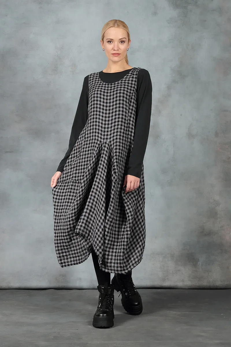 Draped Grey Check Linen Dress