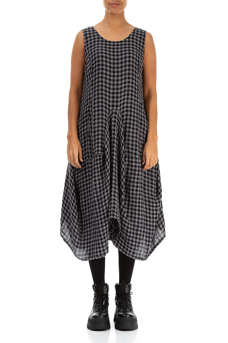 Draped Grey Check Linen Dress