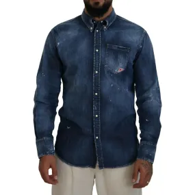 Dsquared² Blue Washed Collared Men Casual Long Sleeves Shirt