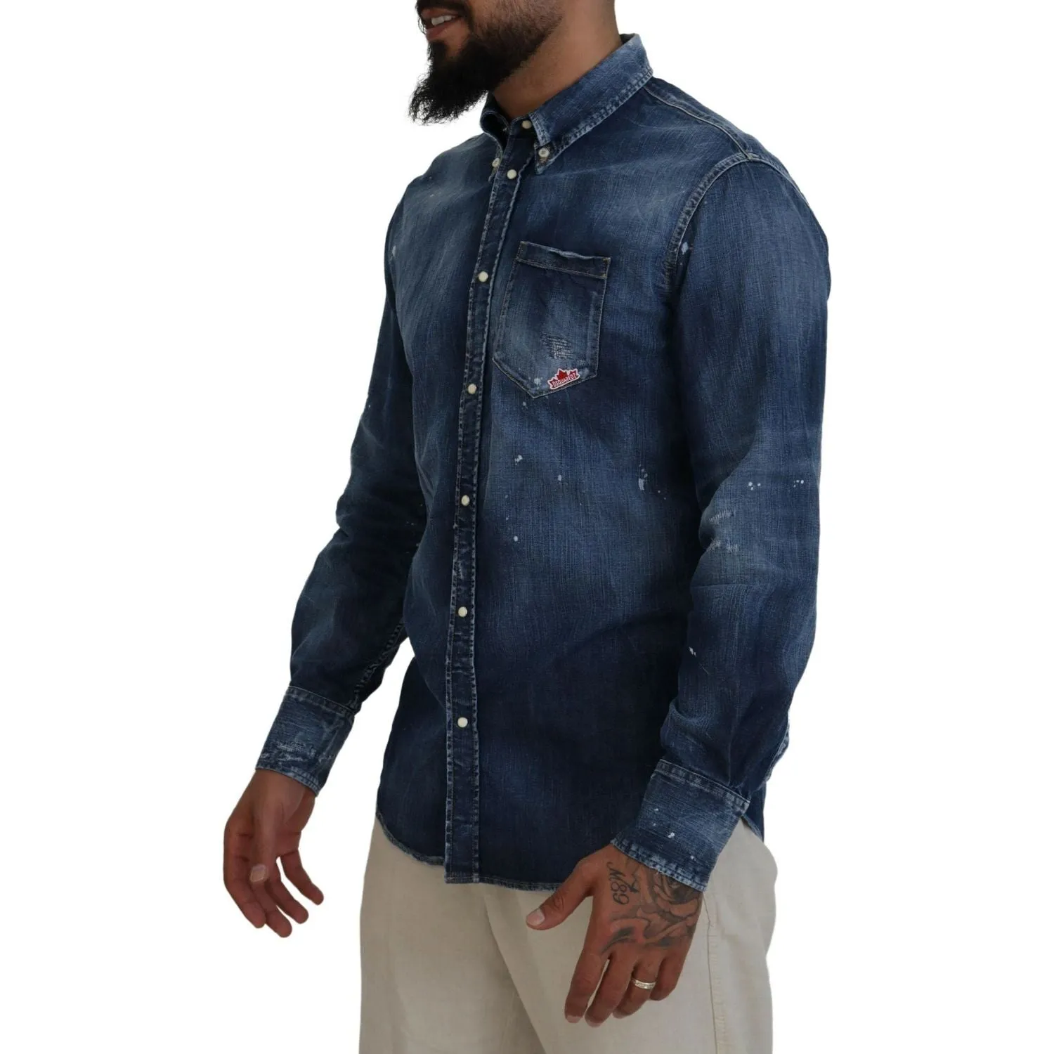 Dsquared² Blue Washed Collared Men Casual Long Sleeves Shirt