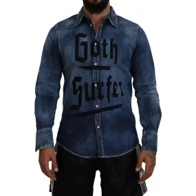 Dsquared² Blue Washed Goth Surfer Print Men Denim Shirt