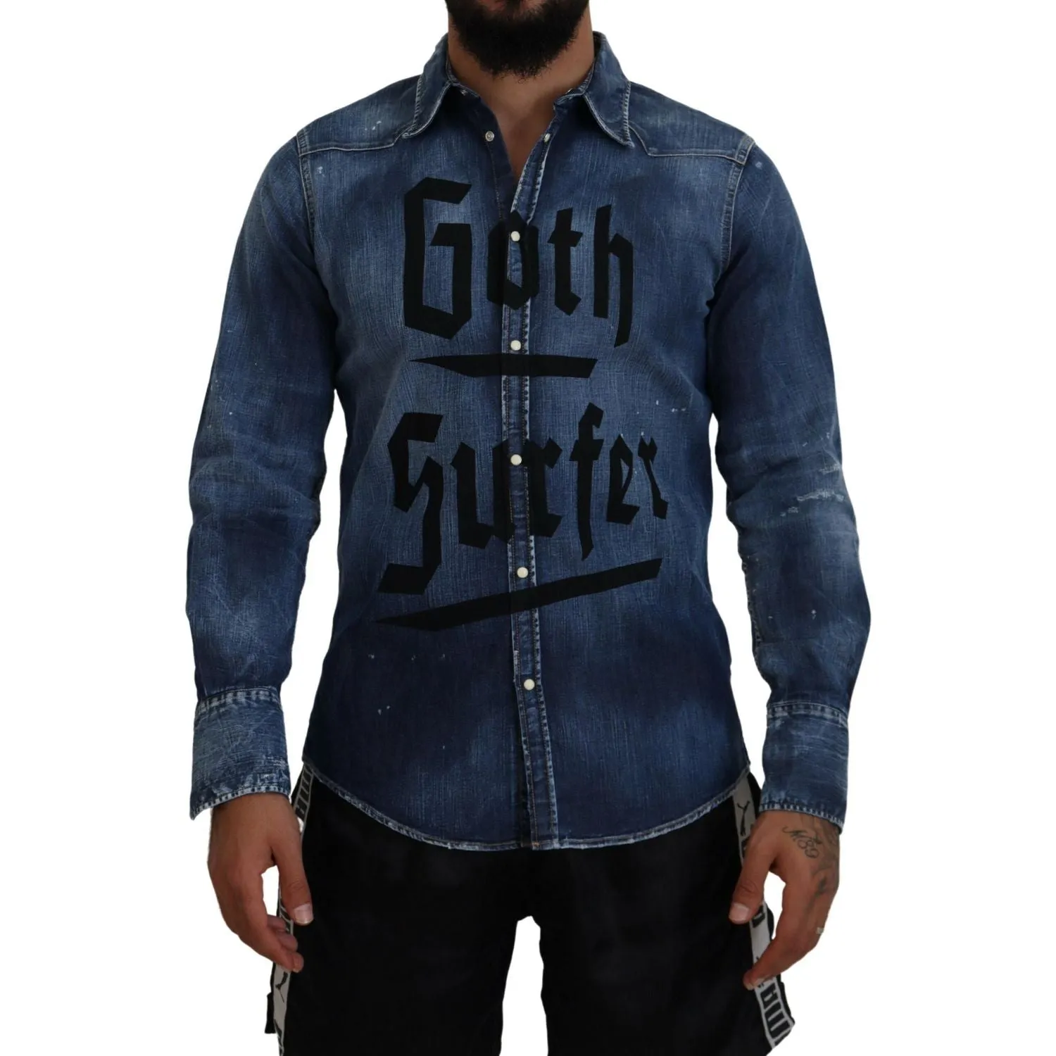 Dsquared² Blue Washed Goth Surfer Print Men Denim Shirt