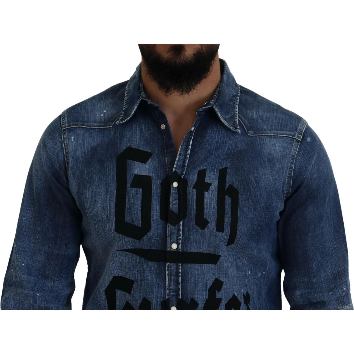 Dsquared² Blue Washed Goth Surfer Print Men Denim Shirt