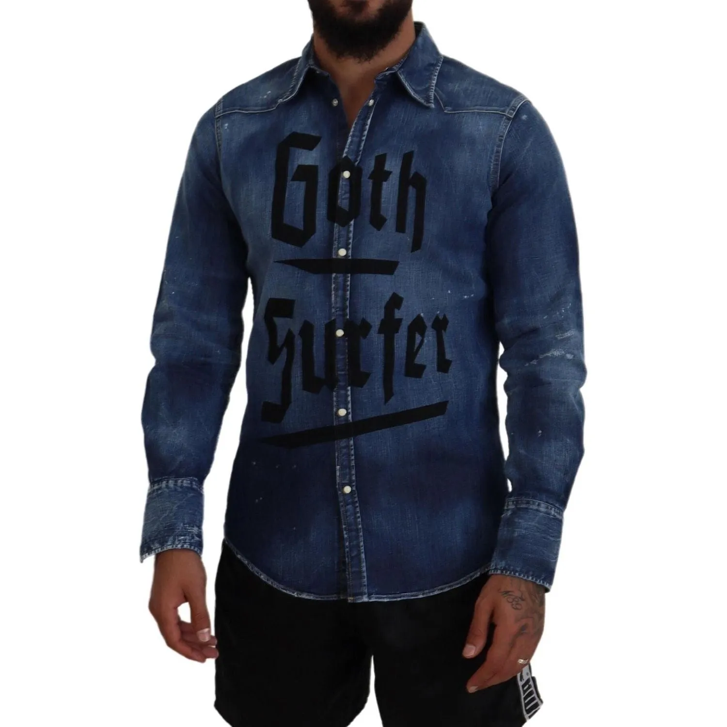 Dsquared² Blue Washed Goth Surfer Print Men Denim Shirt