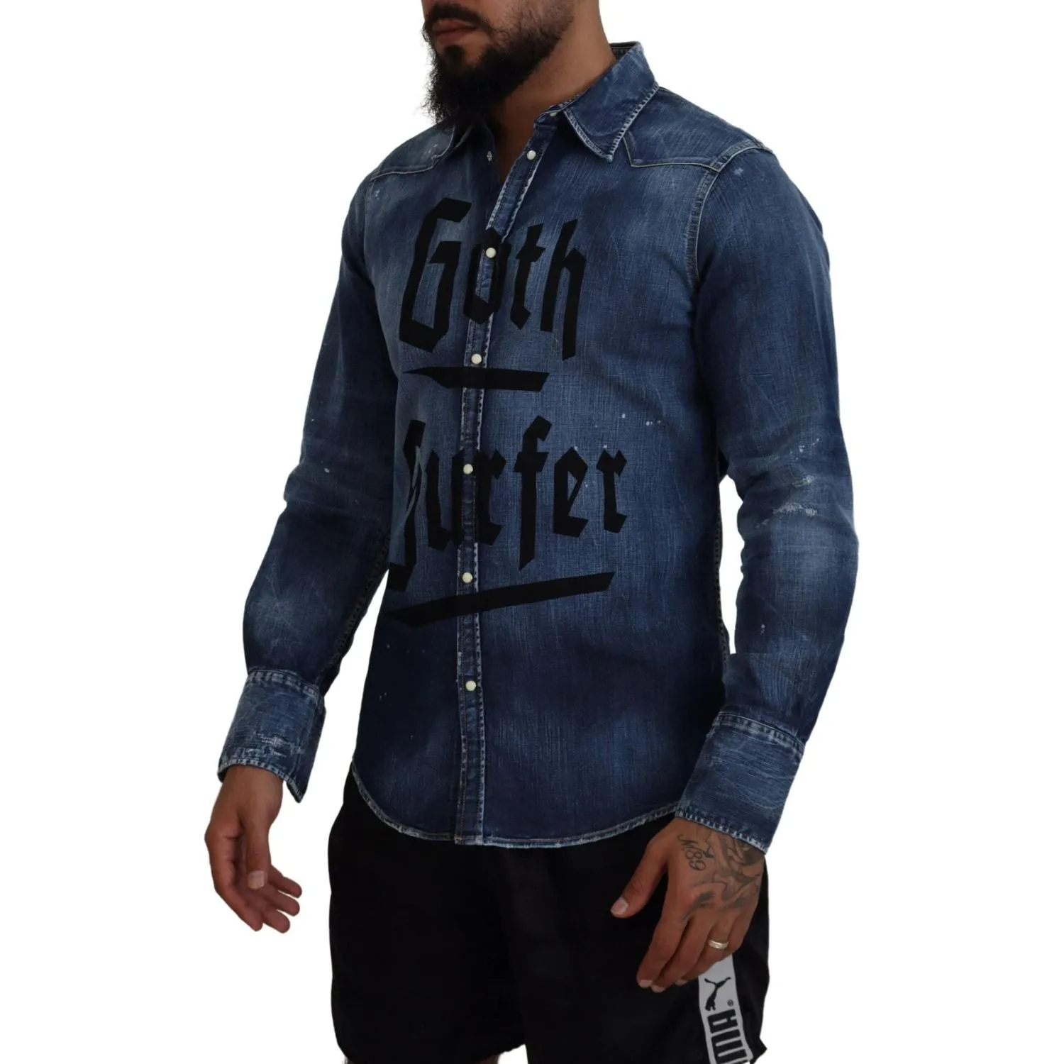 Dsquared² Blue Washed Goth Surfer Print Men Denim Shirt