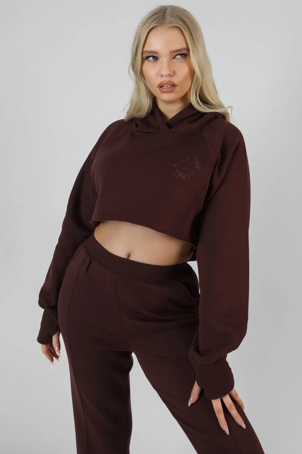 Embroidered Cropped Hoodie Dark Brown