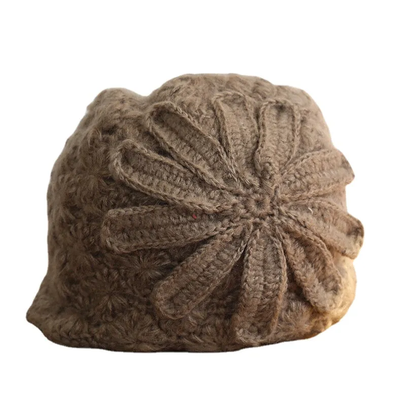 Ethnic Style Handmade Knitted Wool Hat Women Retro Elegant Flower Beret Beanie