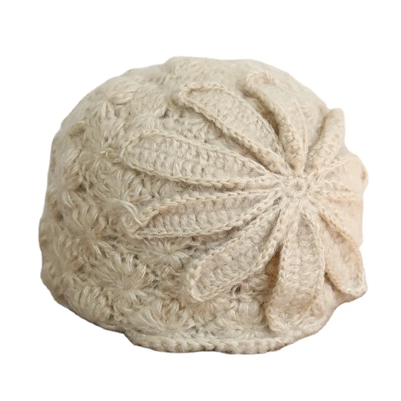 Ethnic Style Handmade Knitted Wool Hat Women Retro Elegant Flower Beret Beanie