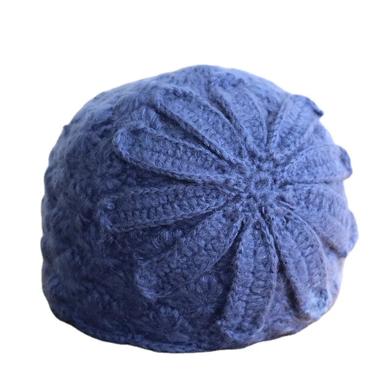 Ethnic Style Handmade Knitted Wool Hat Women Retro Elegant Flower Beret Beanie