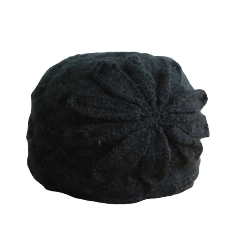 Ethnic Style Handmade Knitted Wool Hat Women Retro Elegant Flower Beret Beanie