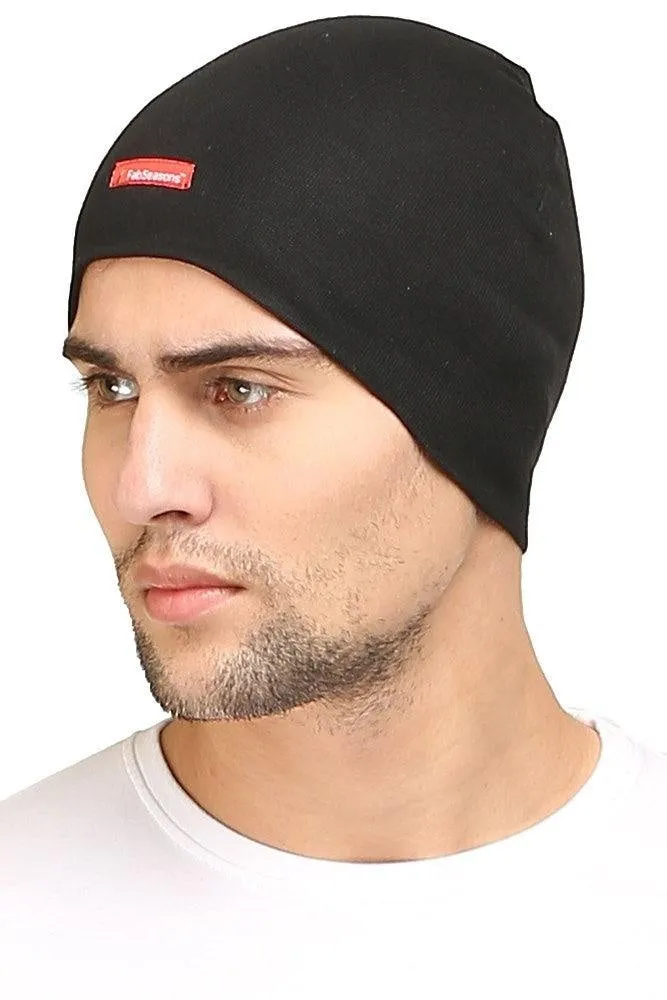 Fabseasons Plain Black Cotton Winter Skull Cap