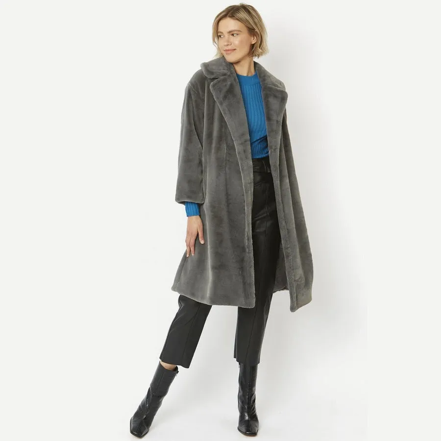 Faux Fur Shaved Shearling Coat in Grey