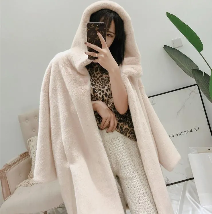 Faux Fur Solid Colors Hooded Long Coat