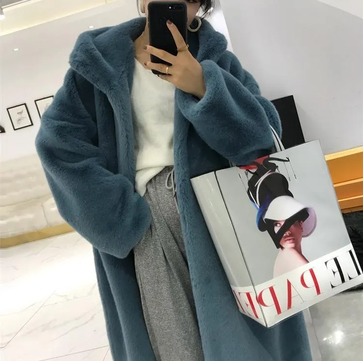 Faux Fur Solid Colors Hooded Long Coat