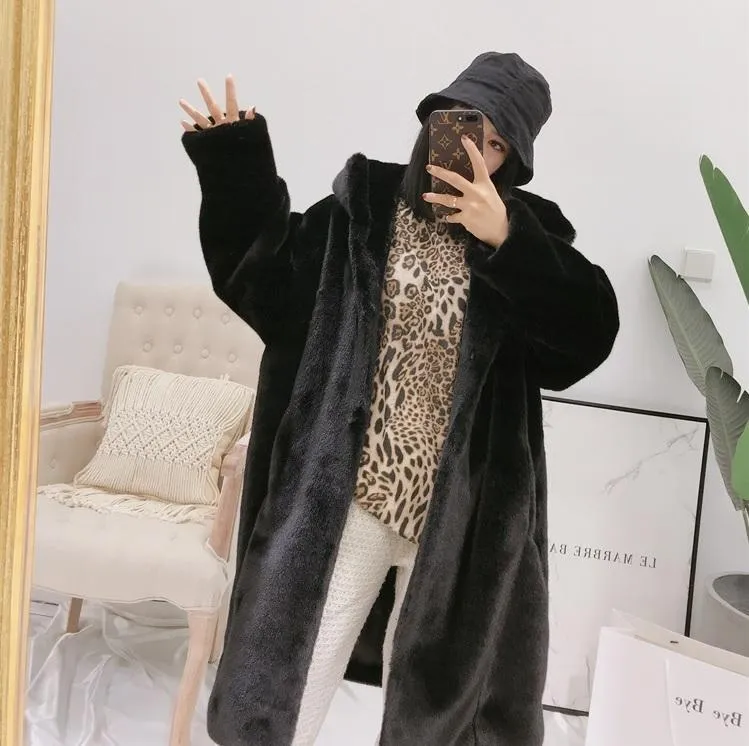 Faux Fur Solid Colors Hooded Long Coat