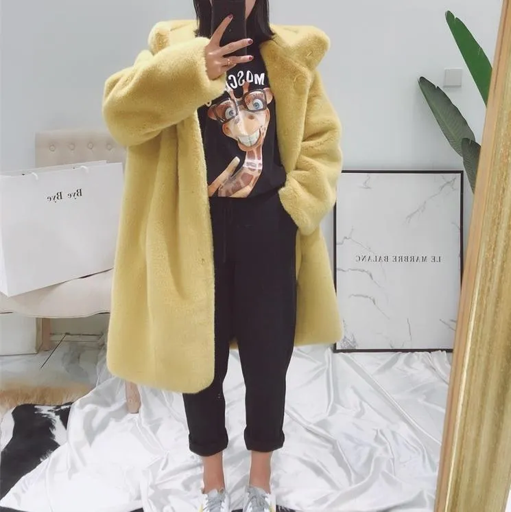 Faux Fur Solid Colors Hooded Long Coat