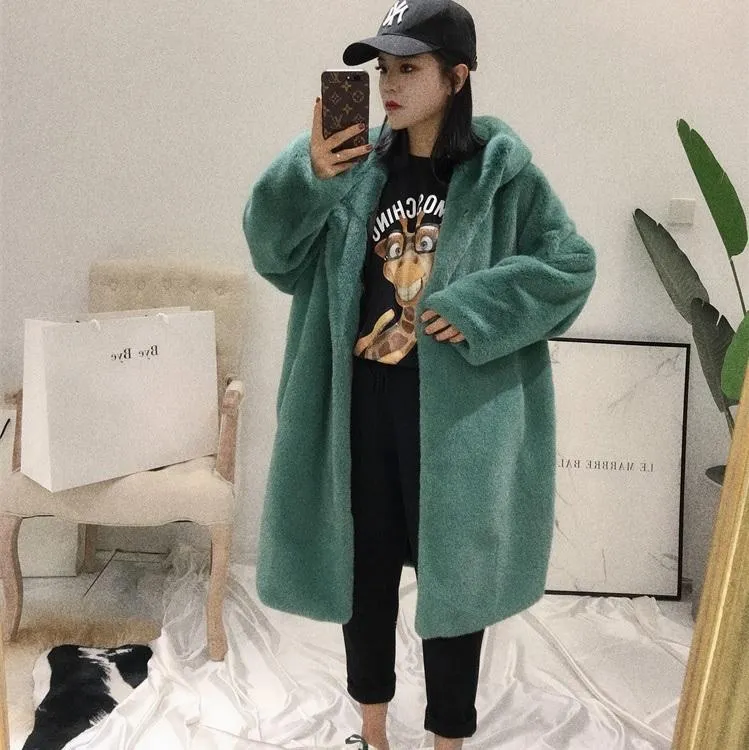 Faux Fur Solid Colors Hooded Long Coat